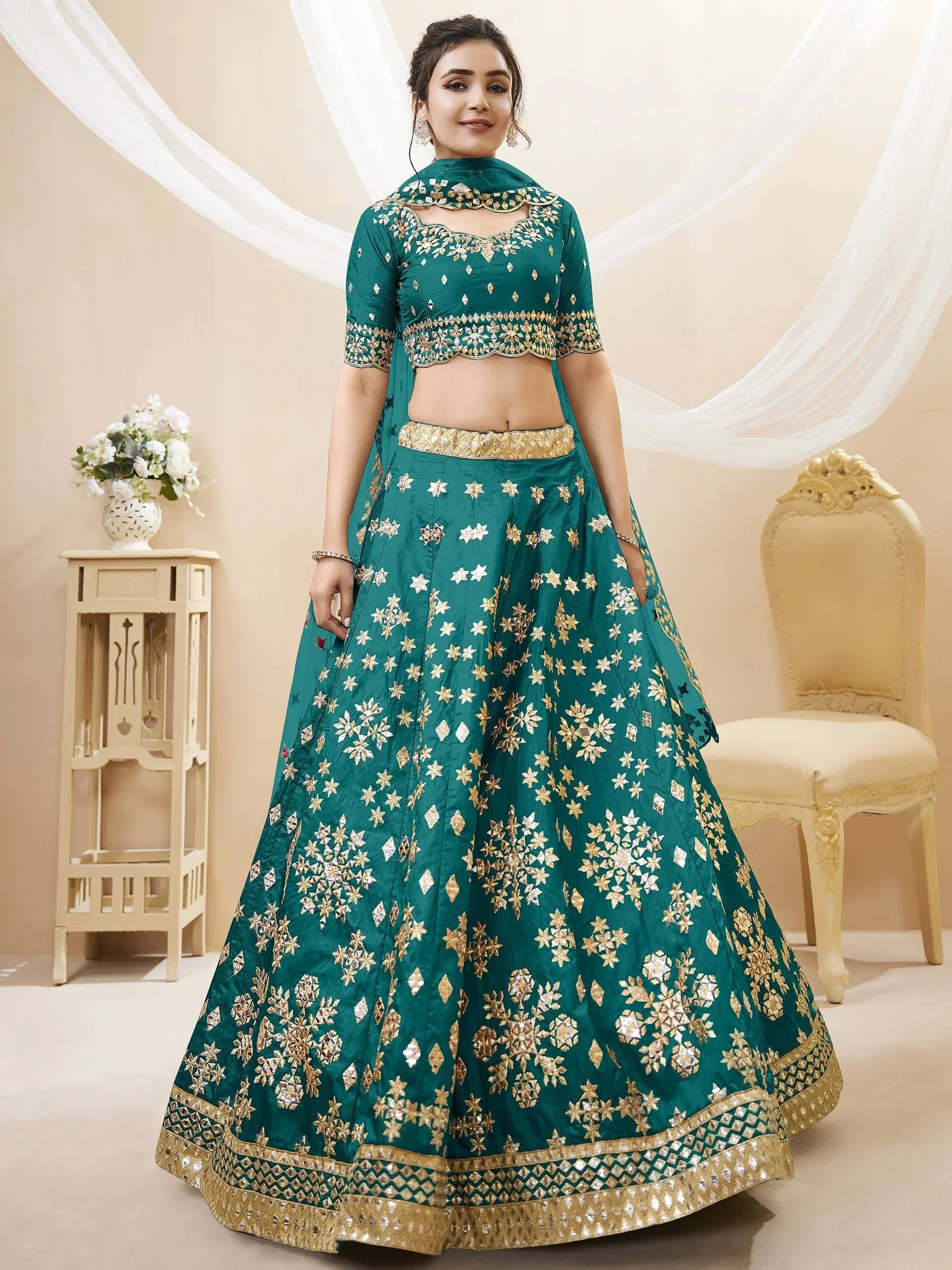 Amazing Green Embroidered Silk Wedding Wear Plus Size Lehenga Choli