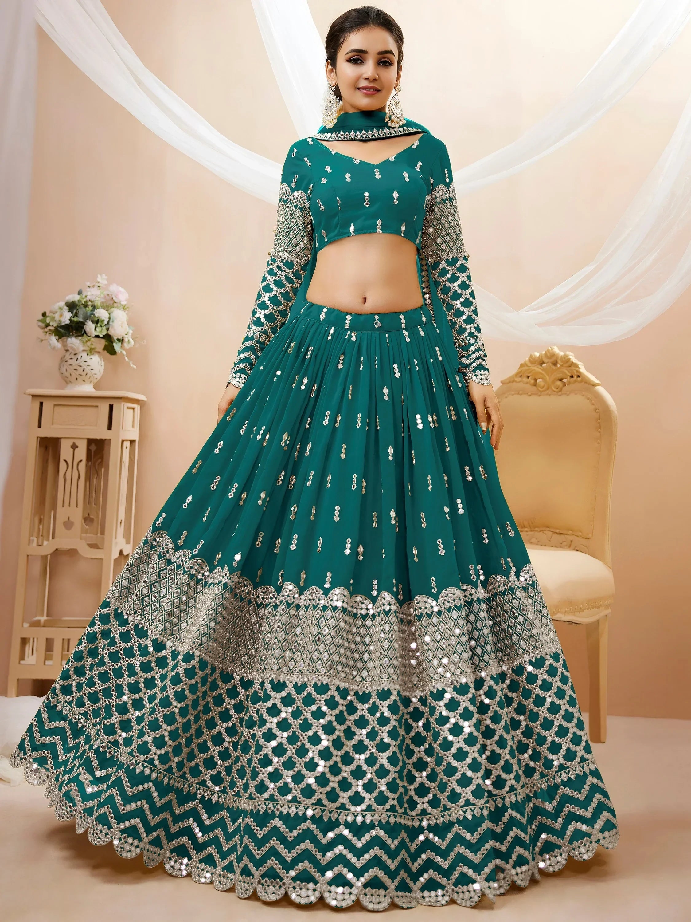 Spectacular Teal Blue Zari Work Georgette Wedding Wear Lehenga Choli