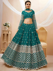 Spectacular Teal Blue Zari Work Georgette Wedding Wear Lehenga Choli