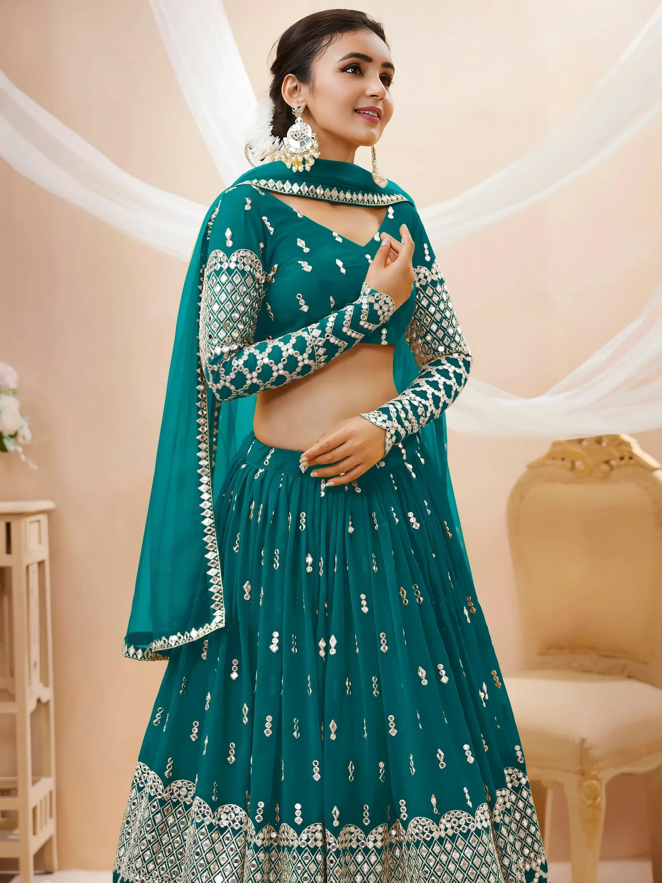 Spectacular Teal Blue Zari Work Georgette Wedding Wear Lehenga Choli