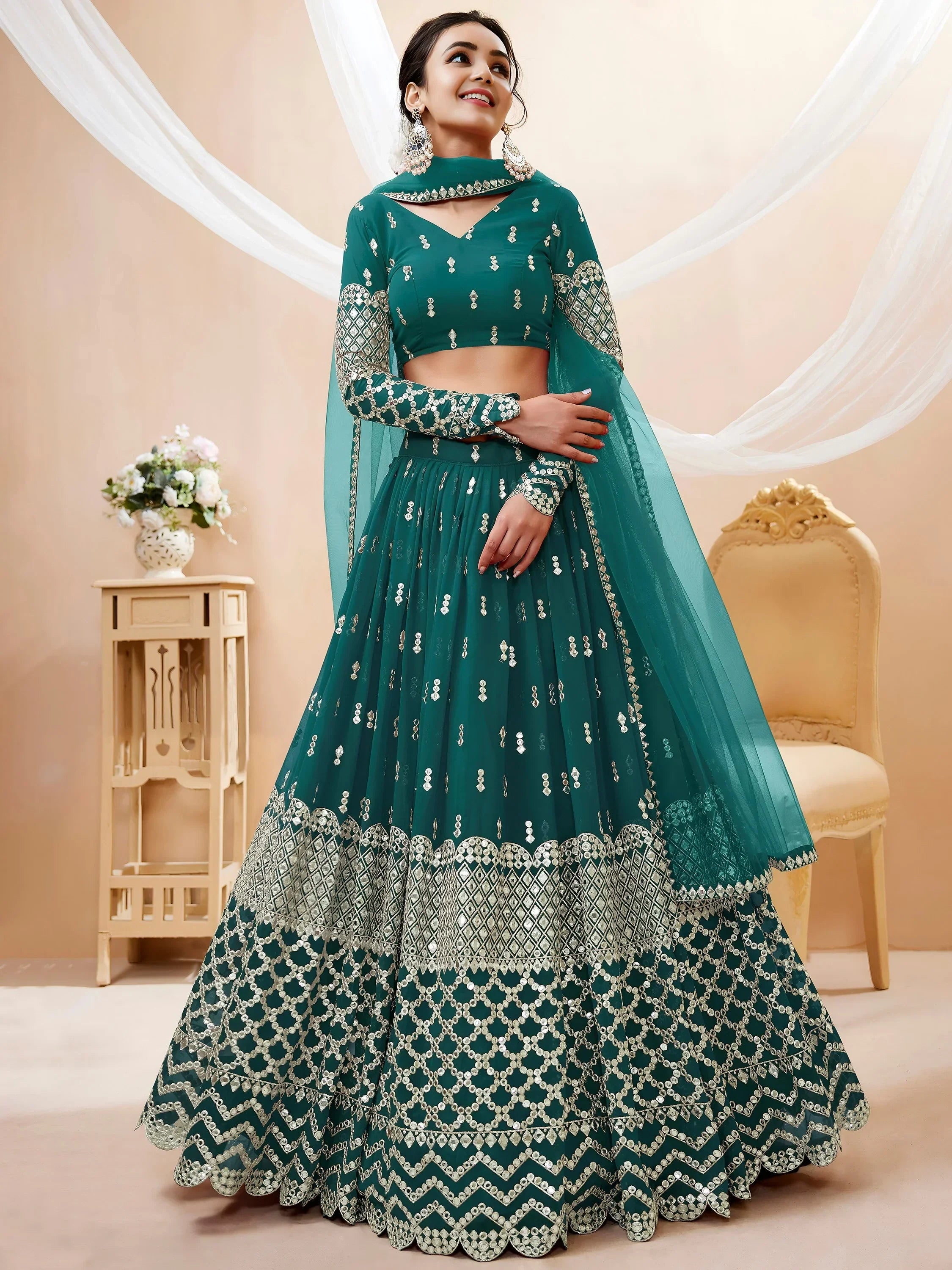 Spectacular Teal Blue Zari Work Georgette Wedding Wear Lehenga Choli
