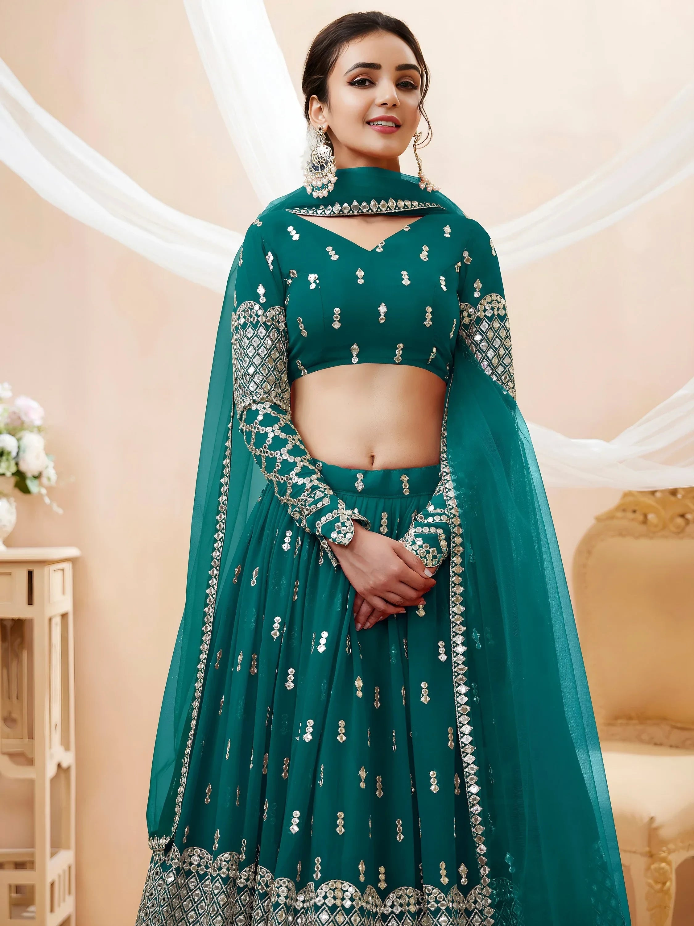 Spectacular Teal Blue Zari Work Georgette Wedding Wear Lehenga Choli