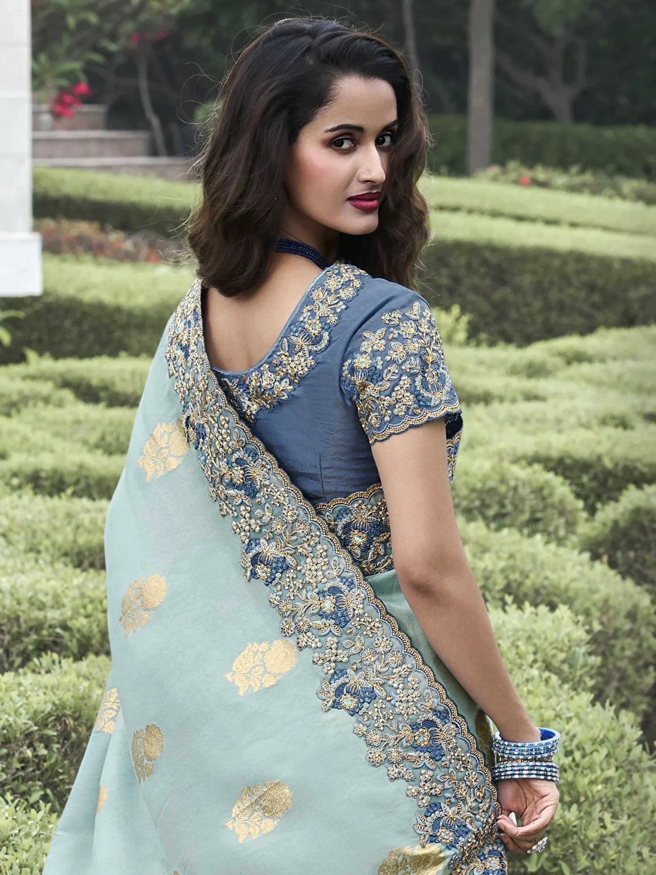 Alluring Sea Green Thread Embroidery Organza Silk Event Wear Saree