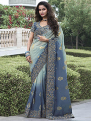 Alluring Sea Green Thread Embroidery Organza Silk Event Wear Saree