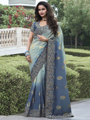 Alluring Sea Green Thread Embroidery Organza Silk Event Wear Saree