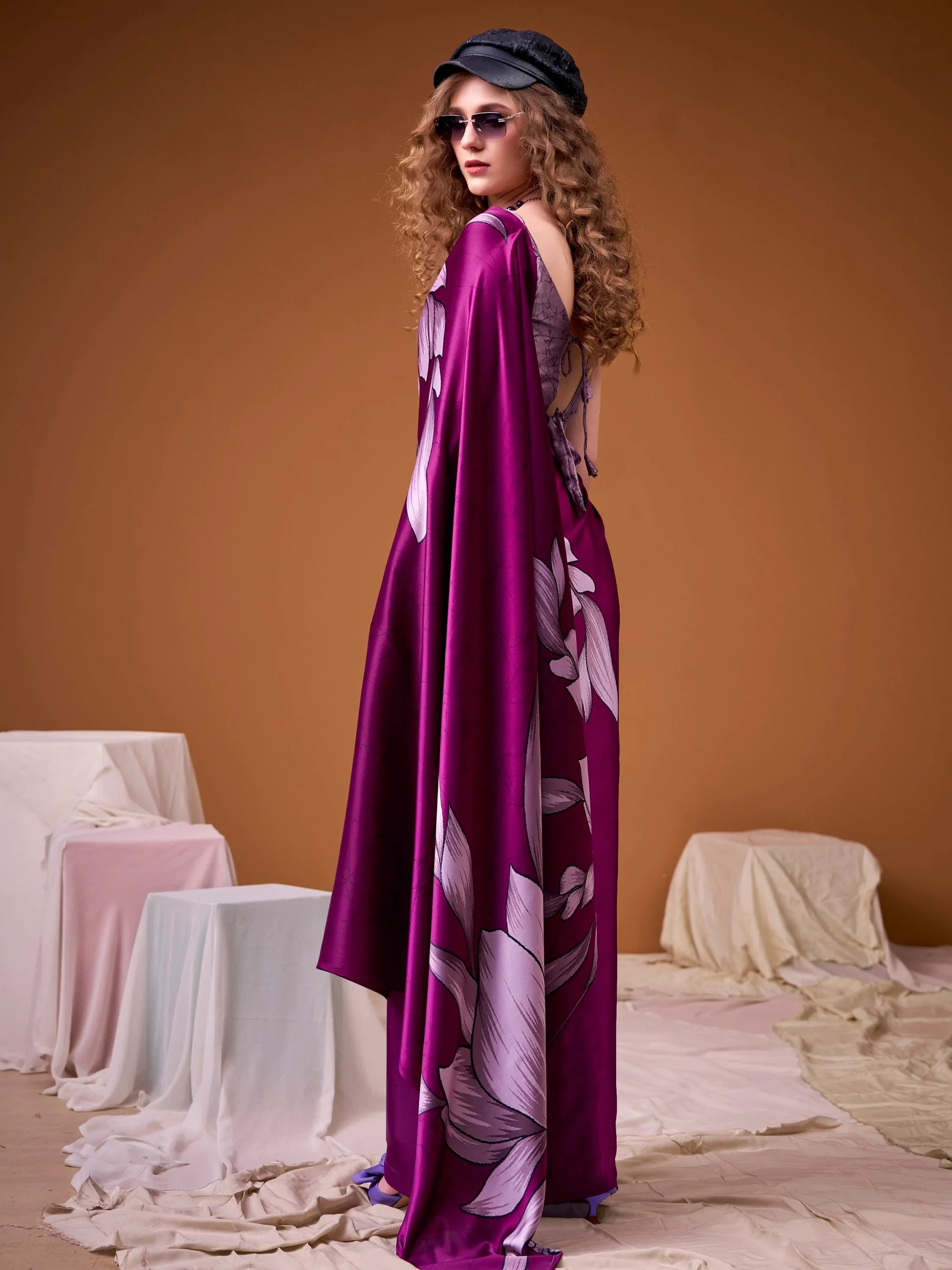 Noteworthy Pink Flower Printed Satin Event Wear Saree With Blouse