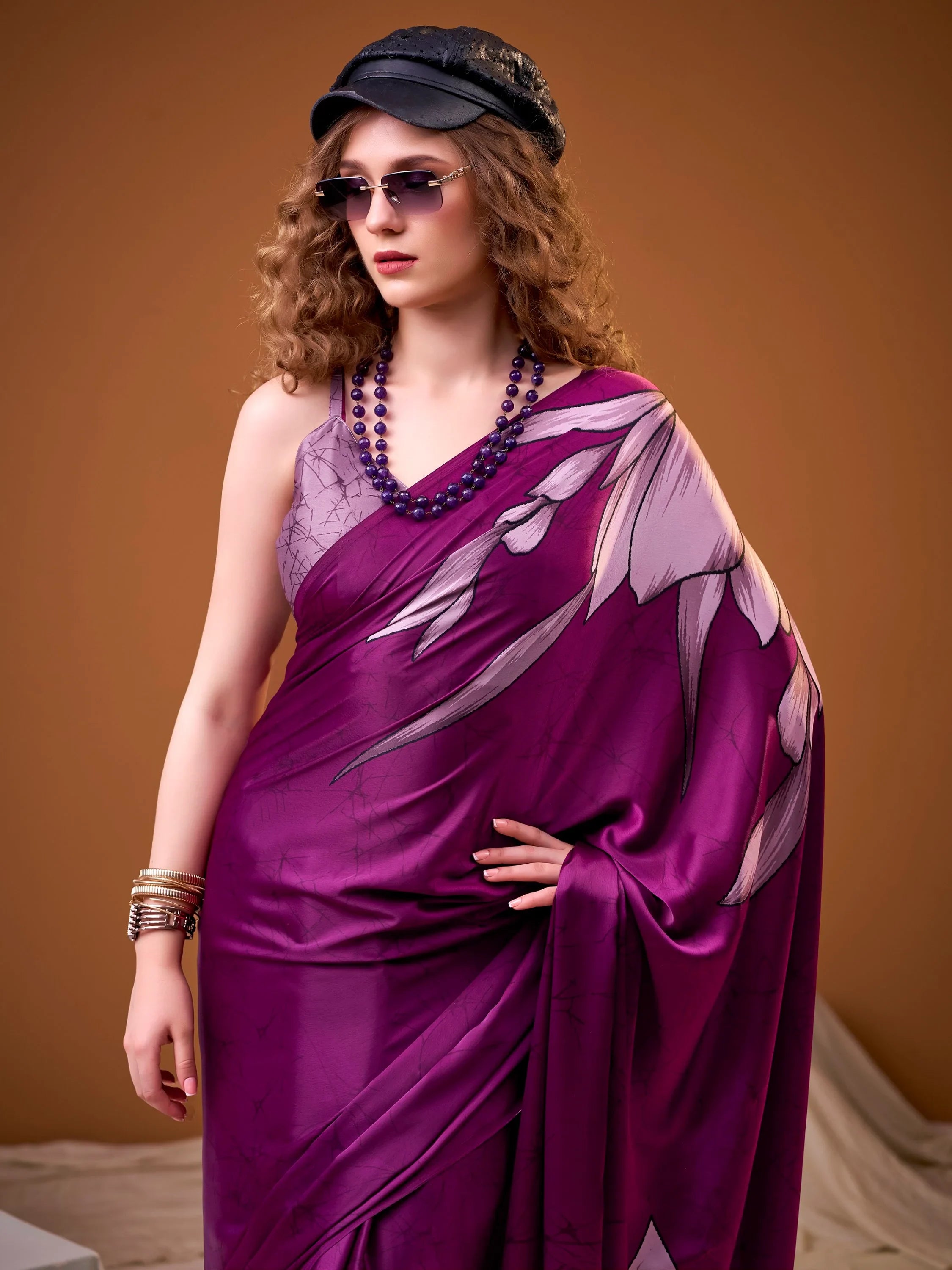 Noteworthy Pink Flower Printed Satin Event Wear Saree With Blouse