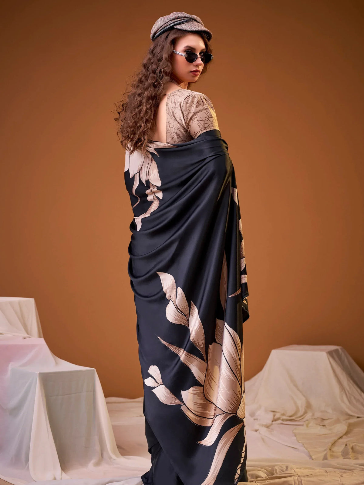 Marvelous Black Floral Printed Silk Festive Wear Saree With Blouse