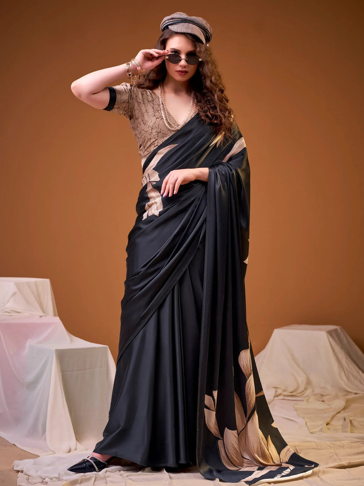 Marvelous Black Floral Printed Silk Festive Wear Saree With Blouse