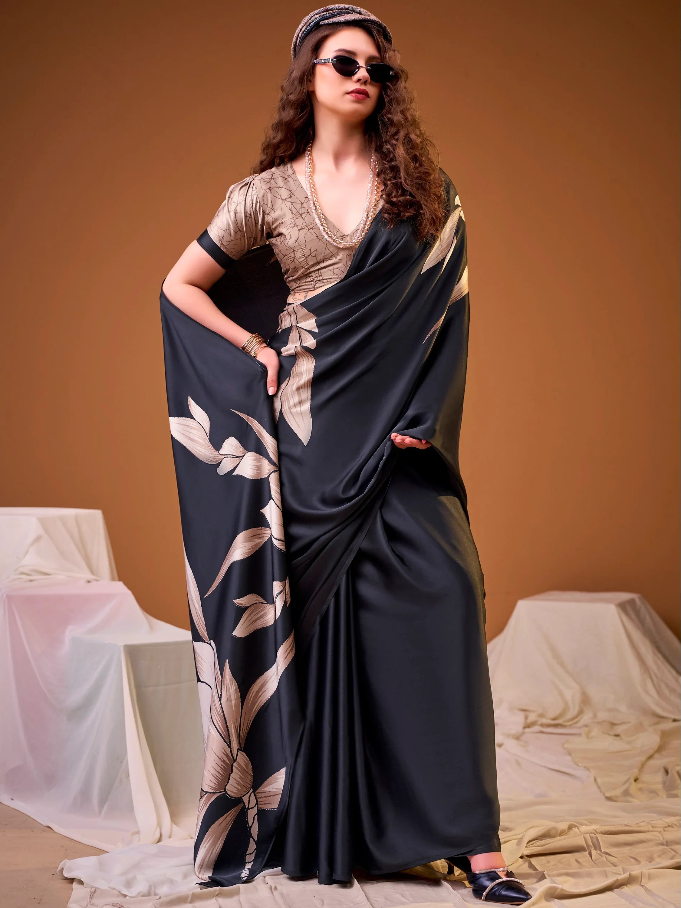 Marvelous Black Floral Printed Silk Festive Wear Saree With Blouse