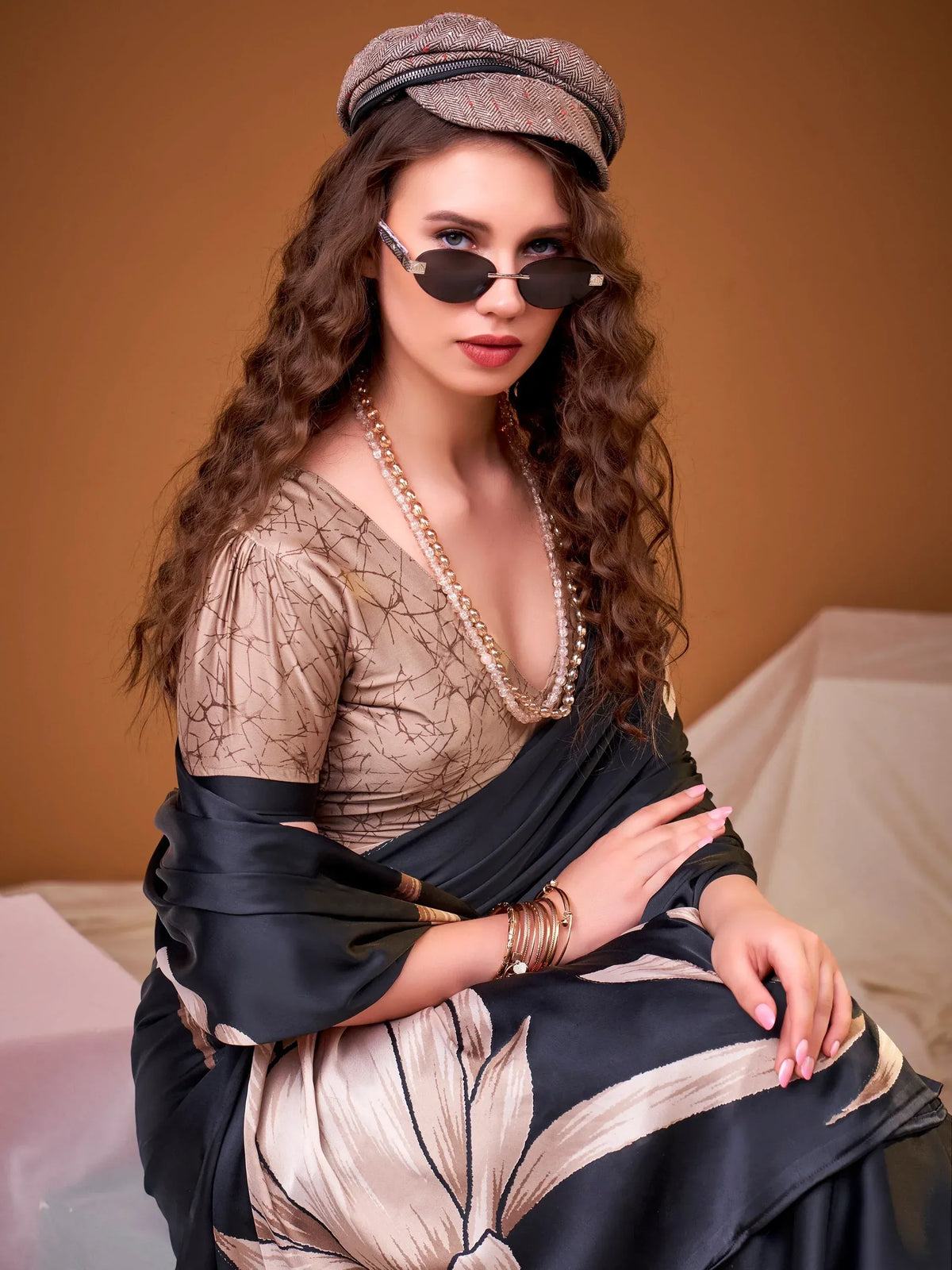 Marvelous Black Floral Printed Silk Festive Wear Saree With Blouse