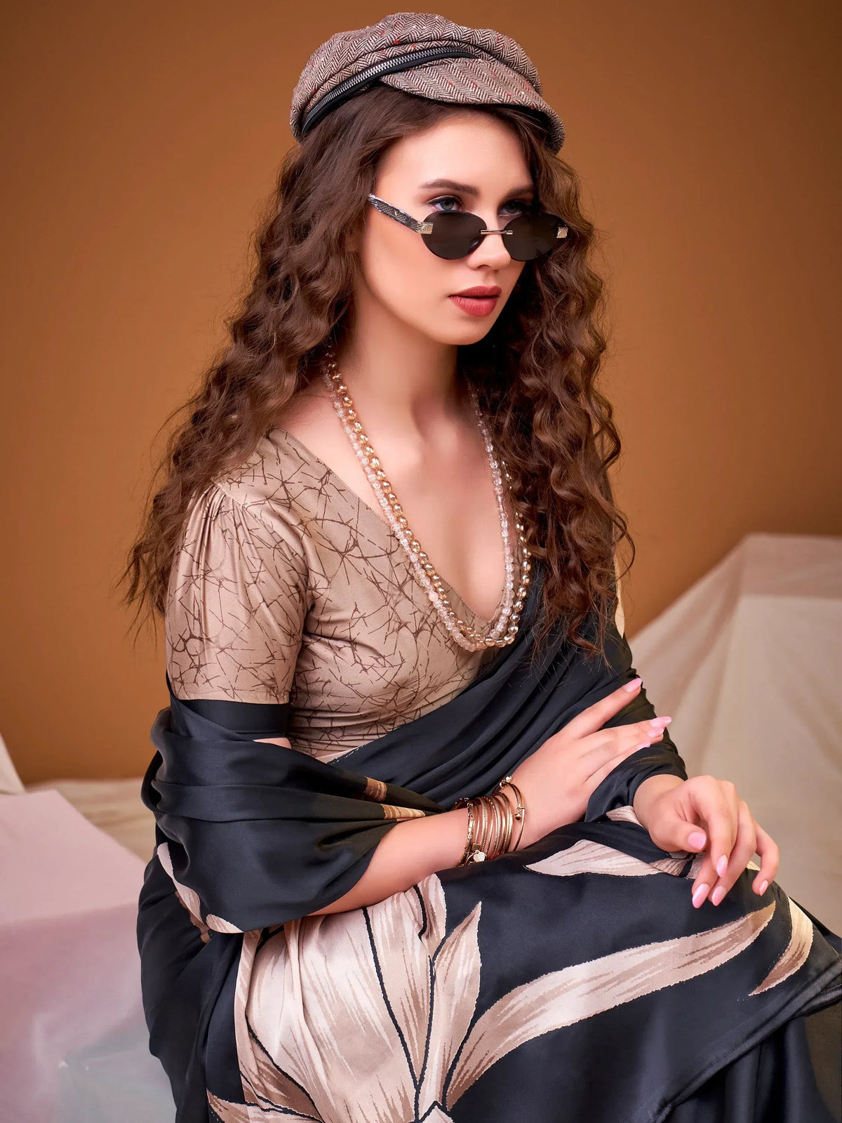 Marvelous Black Floral Printed Silk Festive Wear Saree With Blouse
