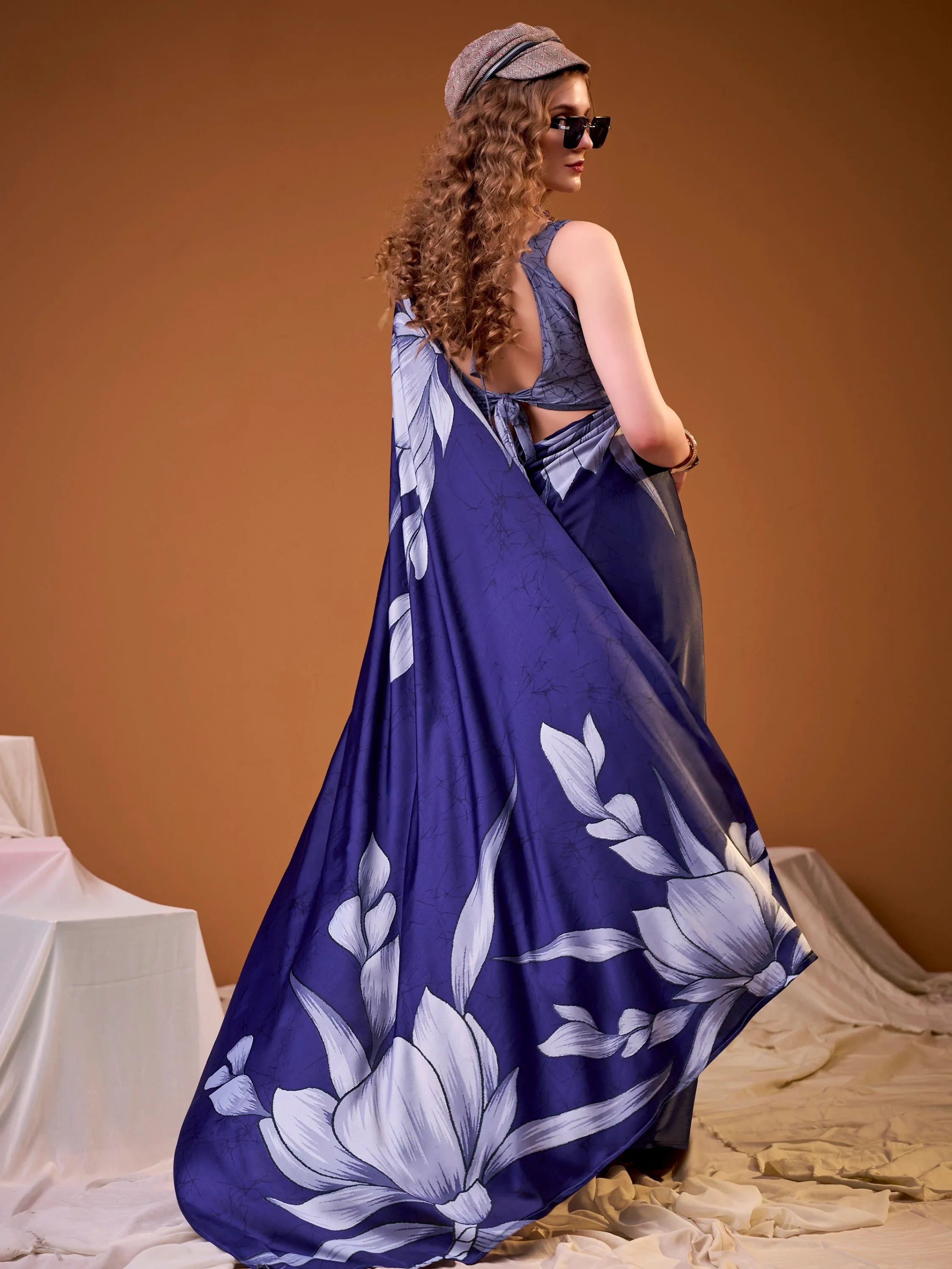 Awesome Navy Blue Printed Satin Marriage Wear Saree With Blouse