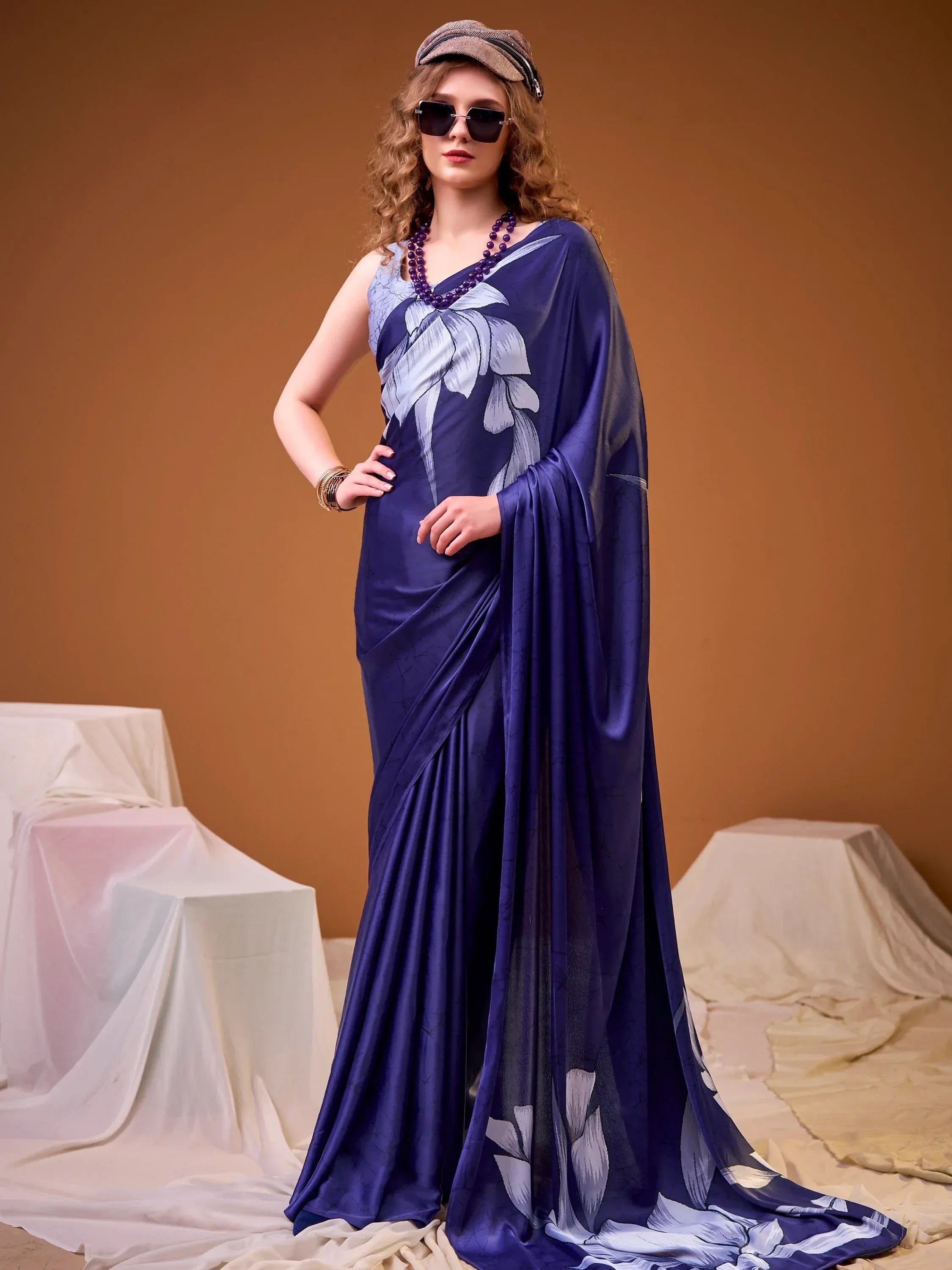 Awesome Navy Blue Printed Satin Marriage Wear Saree With Blouse
