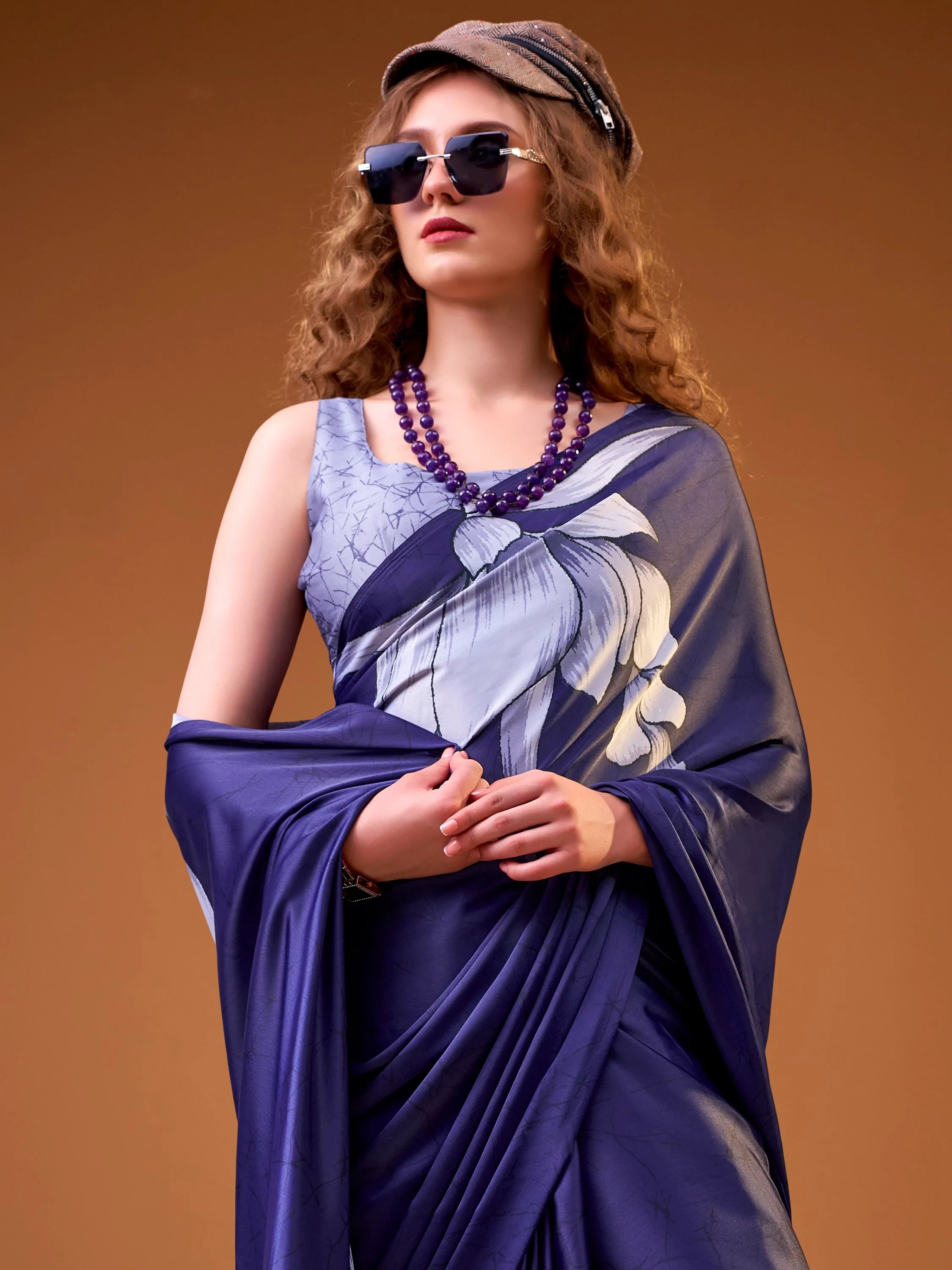Awesome Navy Blue Printed Satin Marriage Wear Saree With Blouse