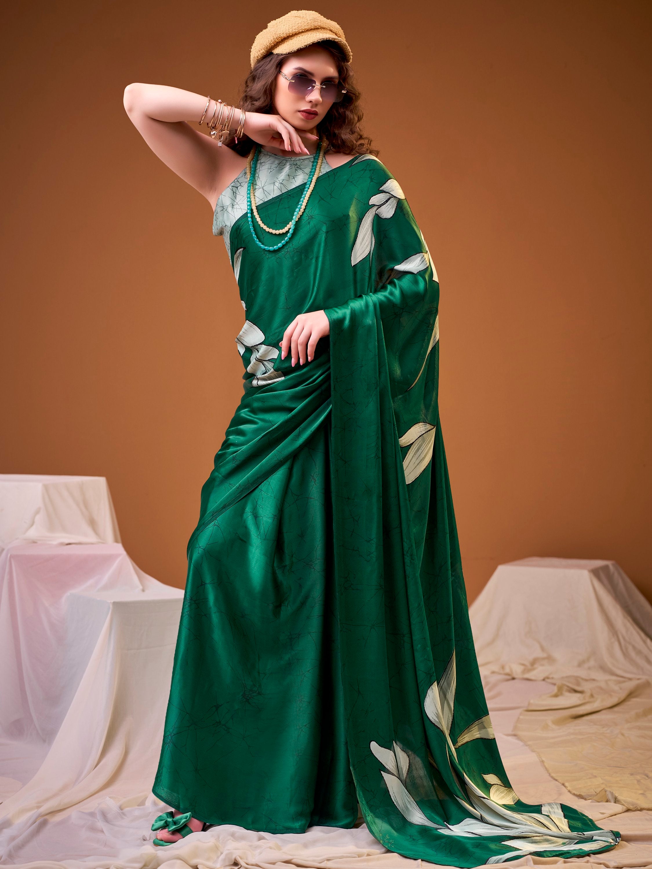 Admirable Green Digital Printed Satin Mehendi Wear Saree With Blouse