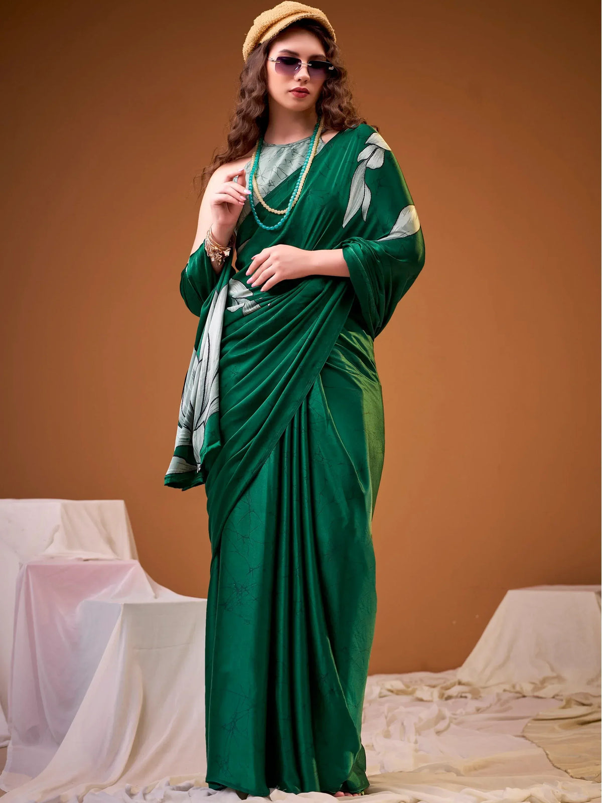 Admirable Green Digital Printed Satin Mehendi Wear Saree With Blouse
