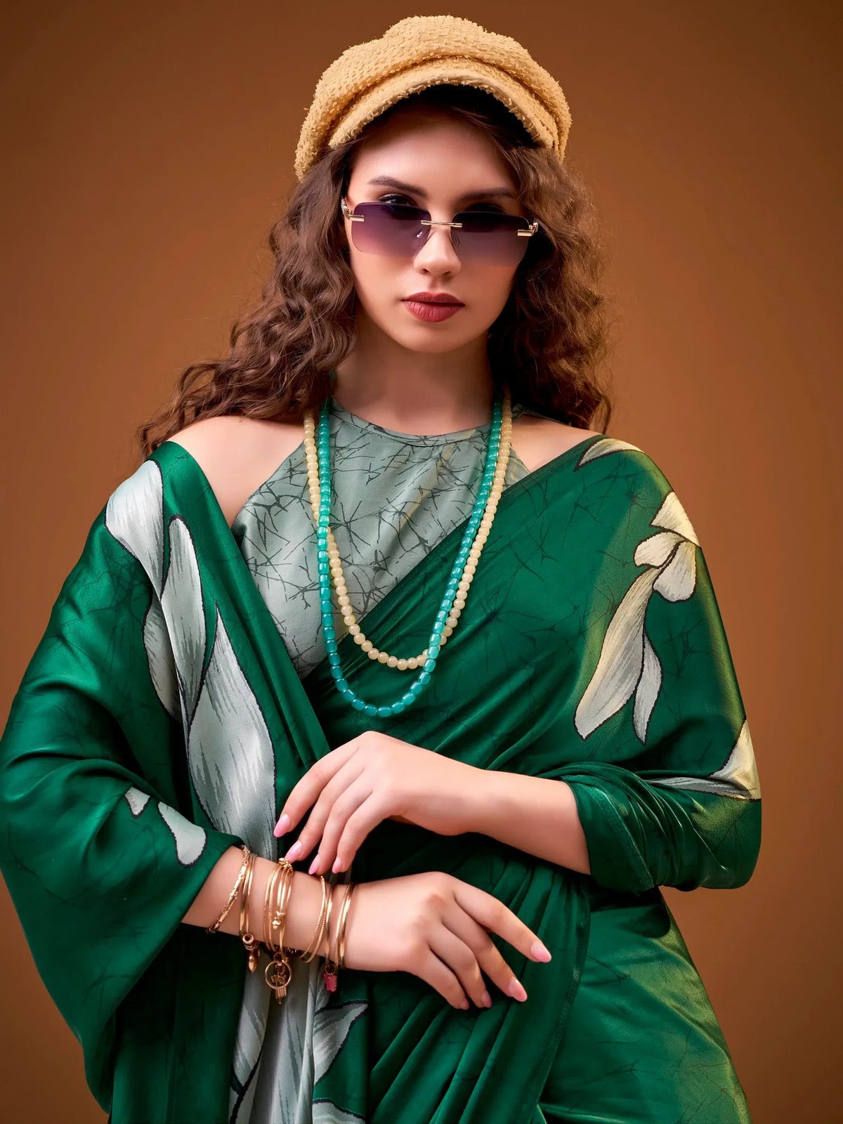 Admirable Green Digital Printed Satin Mehendi Wear Saree With Blouse