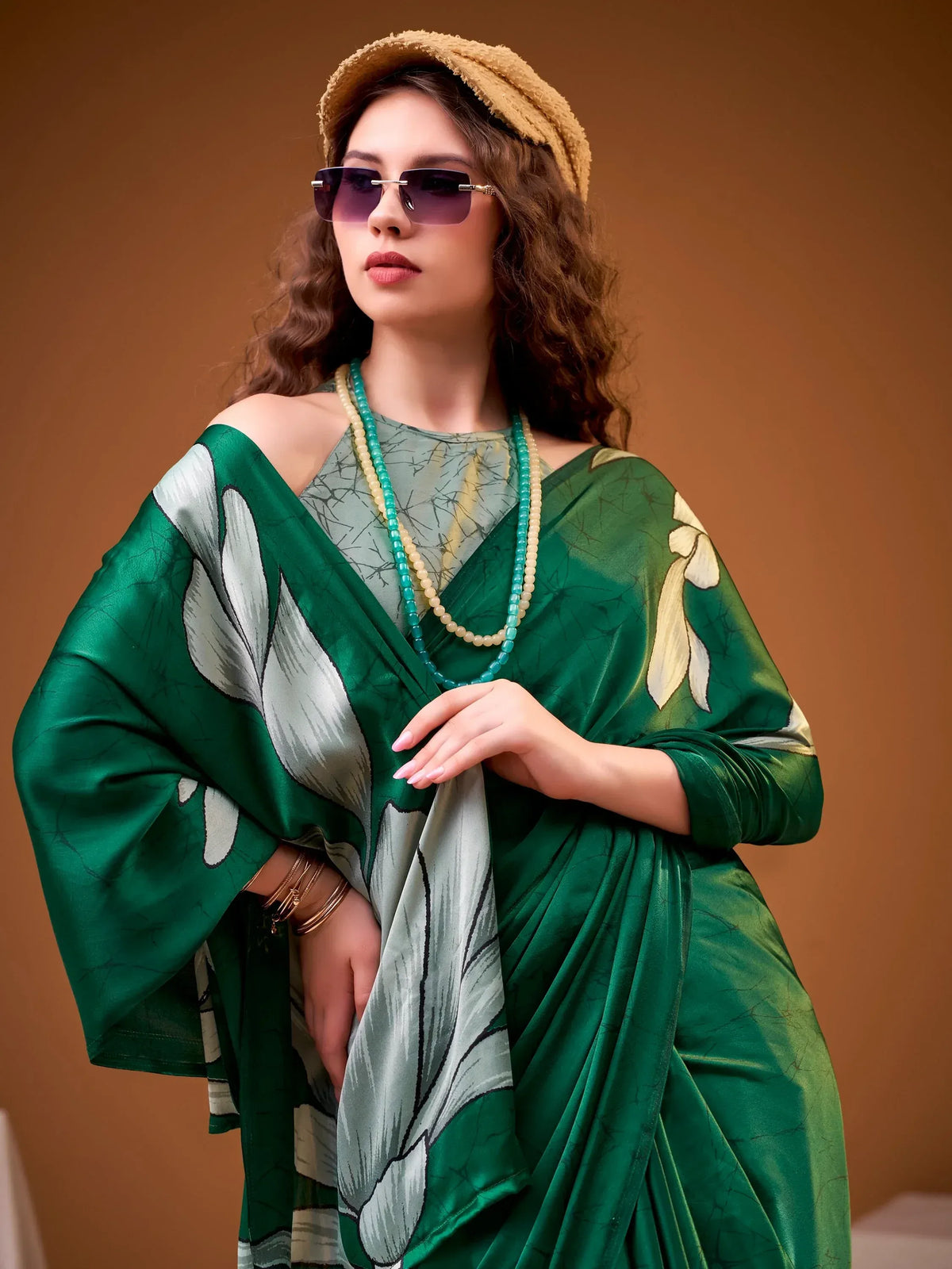 Admirable Green Digital Printed Satin Mehendi Wear Saree With Blouse