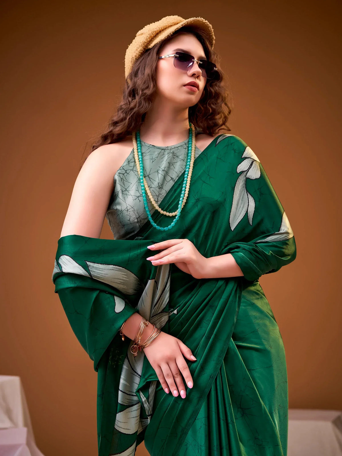 Admirable Green Digital Printed Satin Mehendi Wear Saree With Blouse