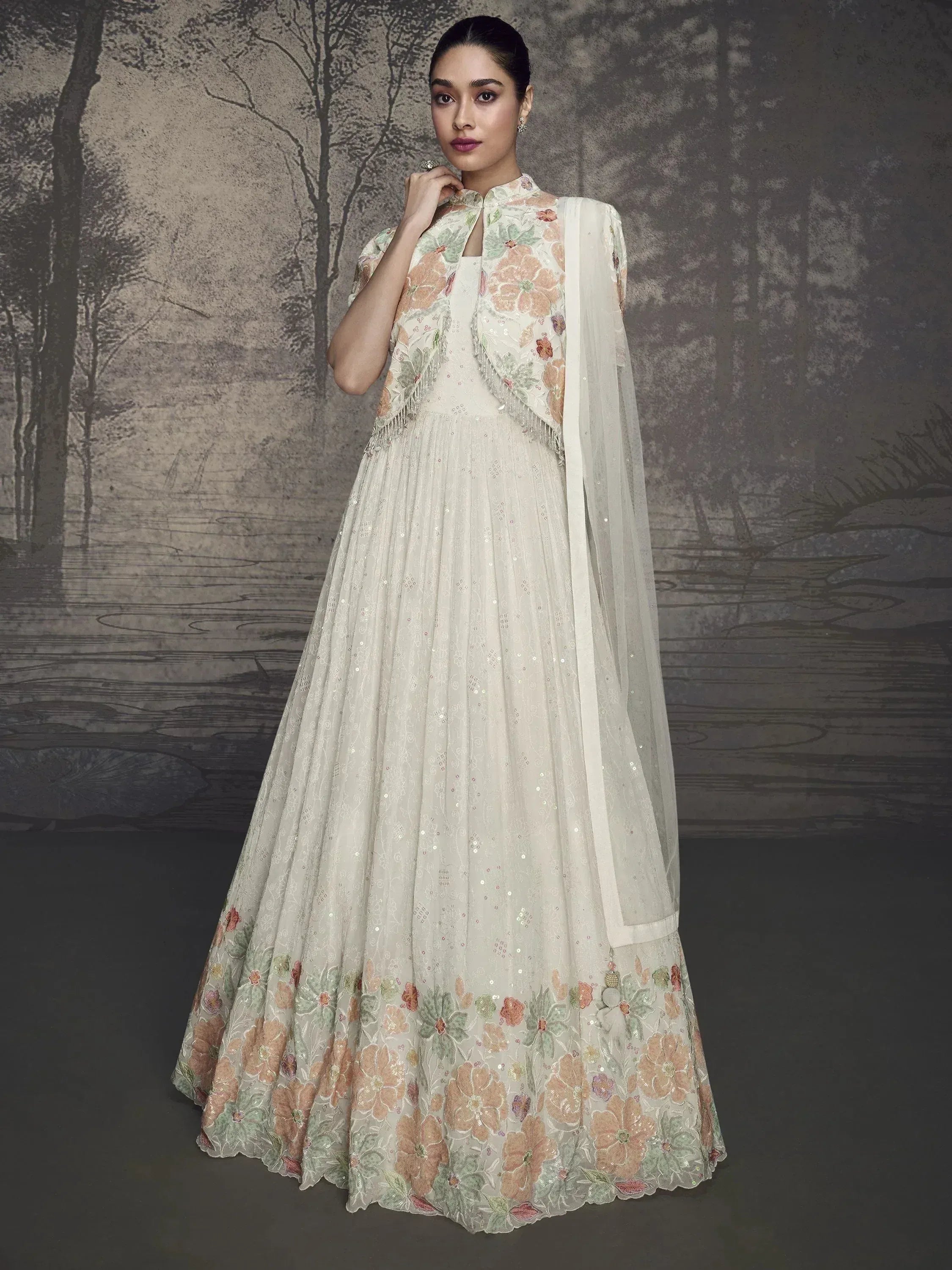 Elegant floral embroidered lehenga choli with sheer dupatta, perfect for Indian ethnic occasions