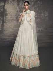 Ravishing White Color Sequins Georgette Reception Wear Gown With Jacket