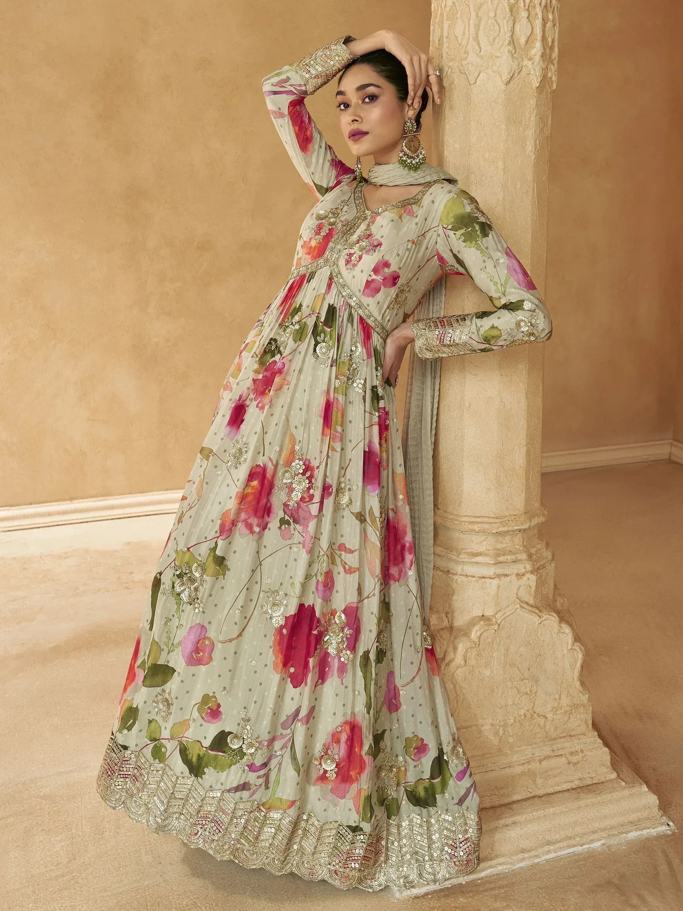 Floral print anarkali suit with gold embroidery, perfect for Indian ethnic wear occasions