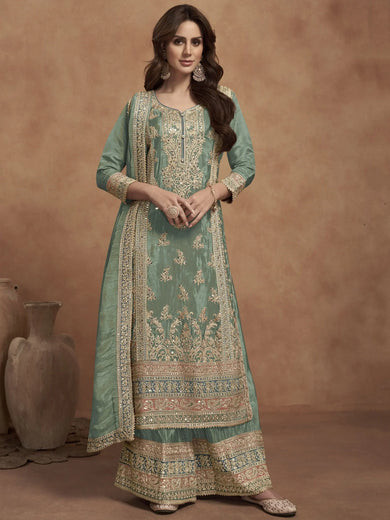 Enjoyable Pista Green Embroidered Silk Event Wear Palazzo Suit