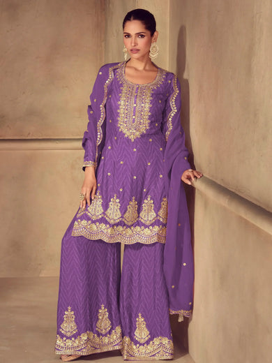 Artistic Purple Chinon Sequins Wedding Wear Palazzo Suit With Dupatta