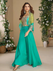 Stunning Sea Green Mirror Work Party Wear Crop Top Palazzo With Koti