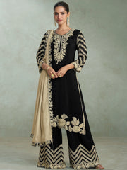 Glowing Black Embroidered Chinon Function Wear Palazzo Suit