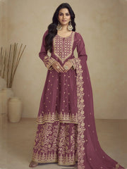 Mesmerizing Pink Embroidered Chinon Palazzo Suit With Dupatta