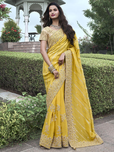 Stunning Yellow Dori Work Organza Silk Haldi Wear Saree With Blouse