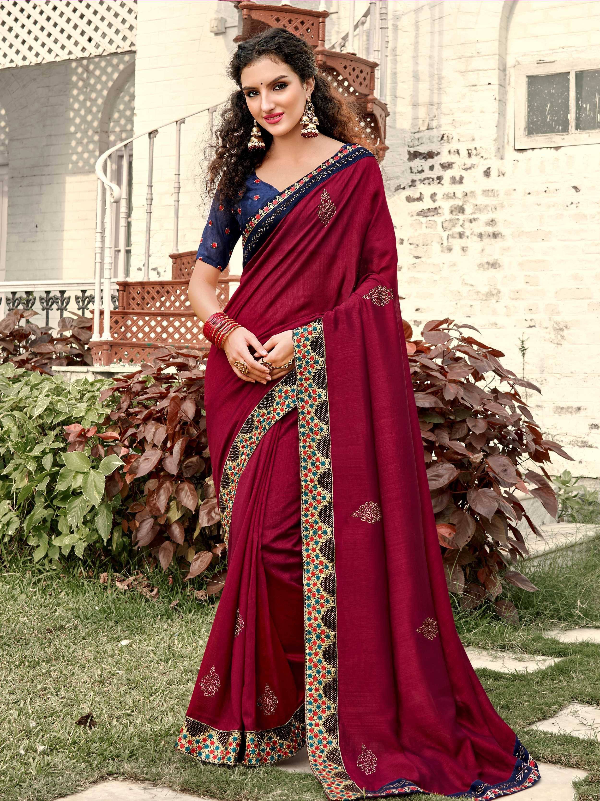 Maroon and navy blue embroidered saree with designer border, perfect for Indian ethnic wear occasions