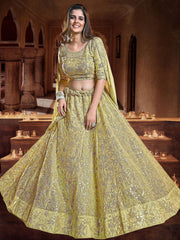 Charming Dark Yellow Sequins Embroidered Georgette Wedding Wear Lehenga Choli