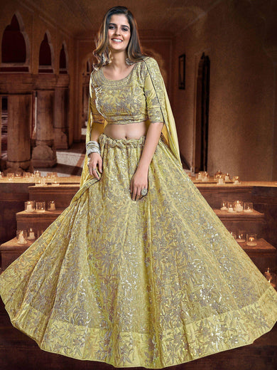 Charming Dark Yellow Sequins Embroidered Georgette Wedding Wear Lehenga Choli