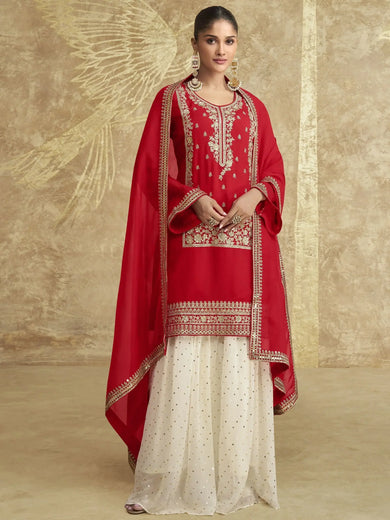 Awesome Red Embroidered Chinon Silk Function Wear Gharara Suit