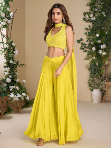 Adorning Yellow Beads Work Haldi Wear Crop Top Palazzo With Dupatta