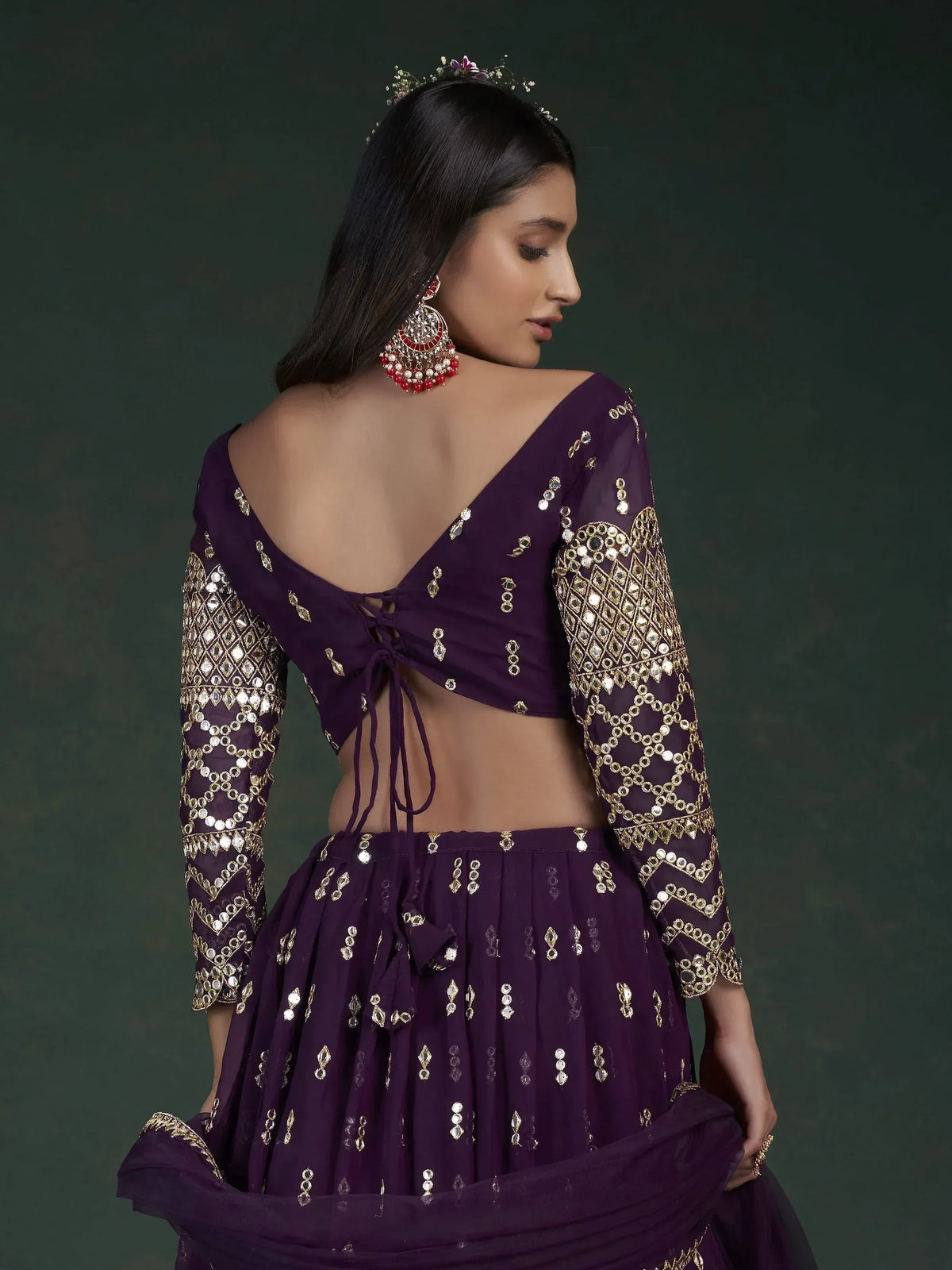 Purple designer lehenga choli with gold mirror work and back tie detail, ethnic Indian wear