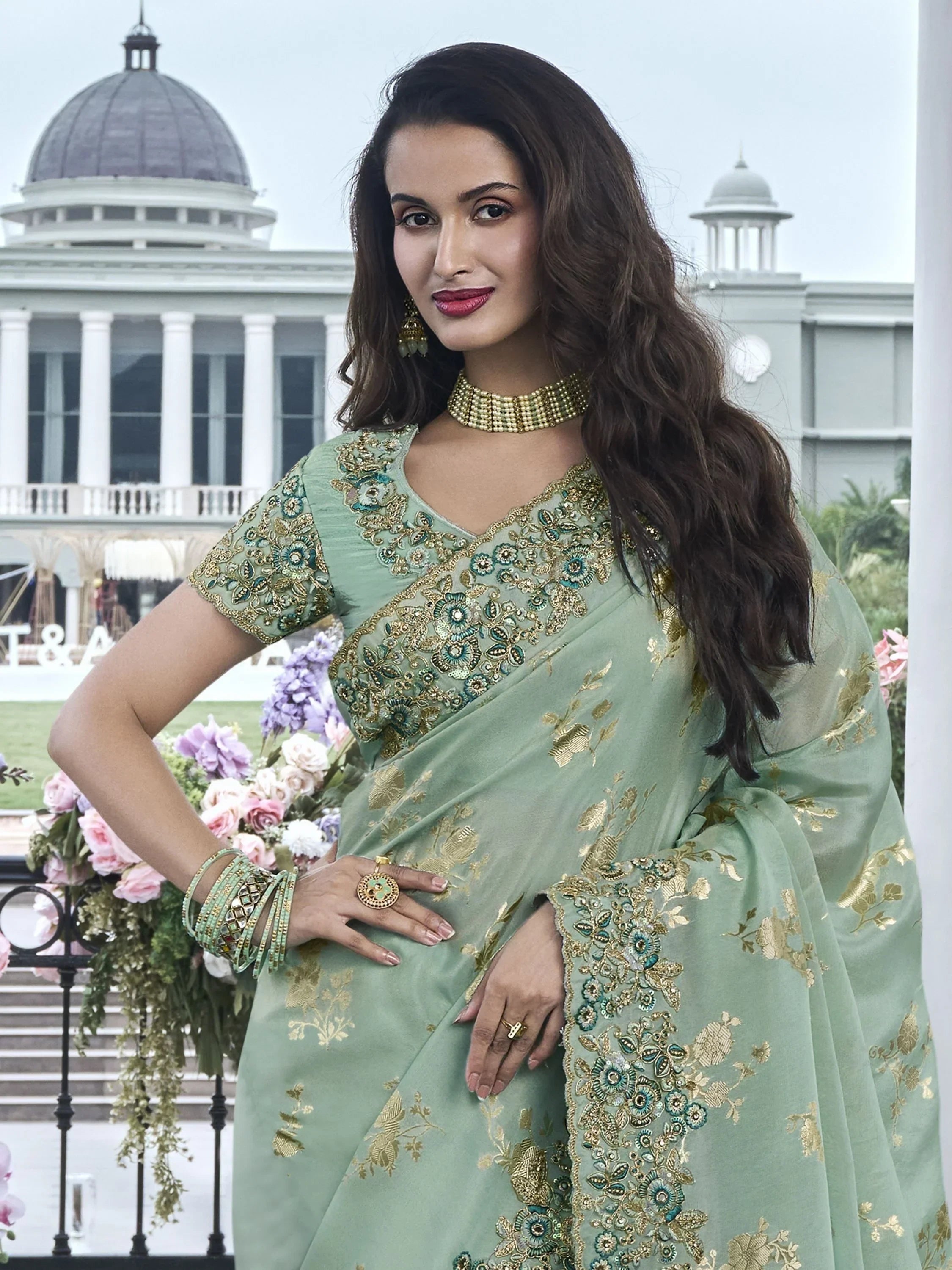 Appealing Sea Green Thread Work Organza Silk Function Wear Saree