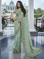 Appealing Sea Green Thread Work Organza Silk Function Wear Saree