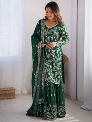 Charming Green Thread Work Chinon Mehendi Wear Sharara Suit With Dupatta