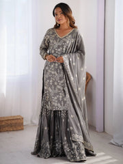 Enjoyable Grey Sequins Chinon Traditional Sharara Suit With Dupatta