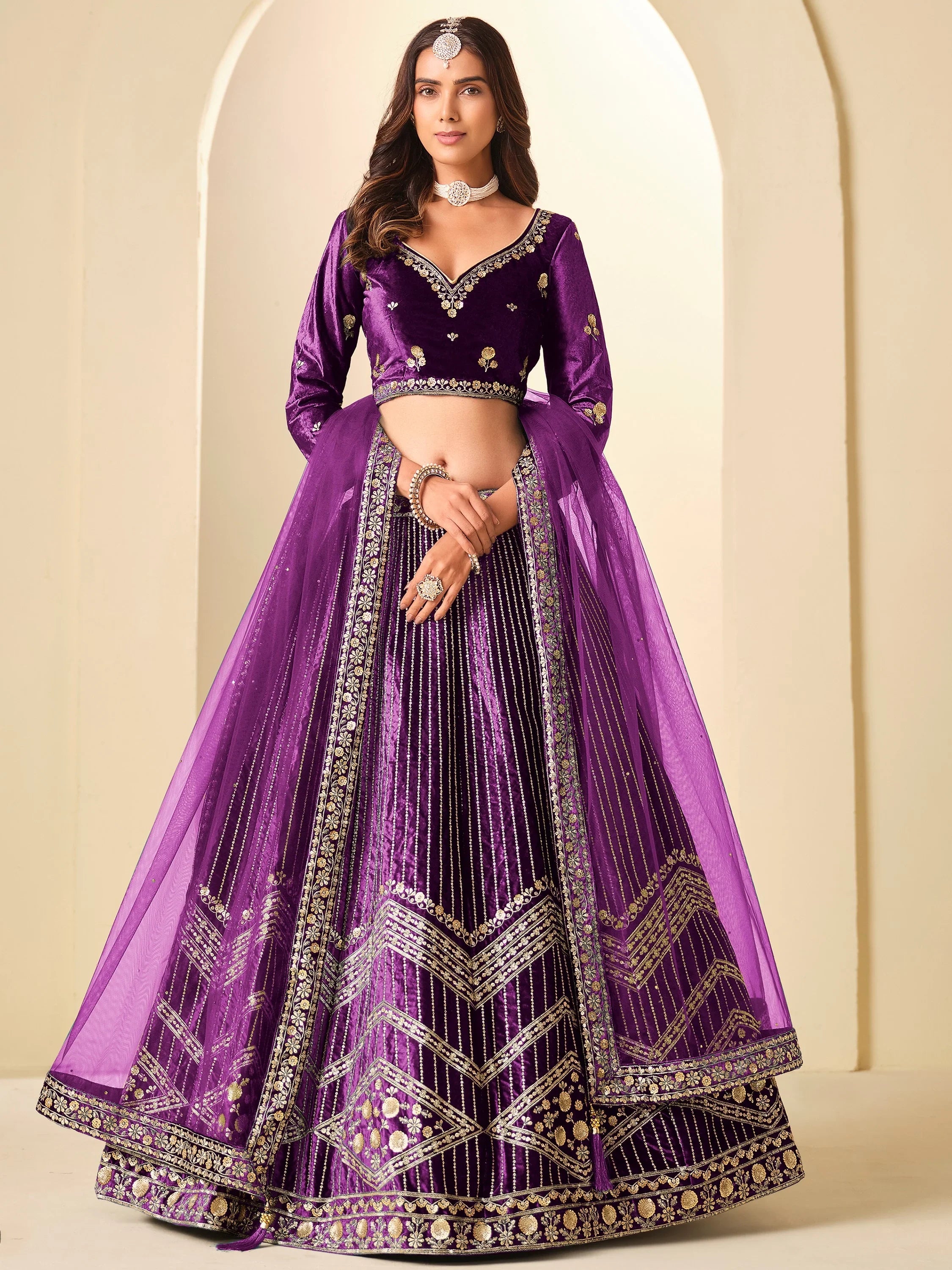 Rich Purple Heavy Embroidered Velvet Engagement Wear Lehenga With Blouse