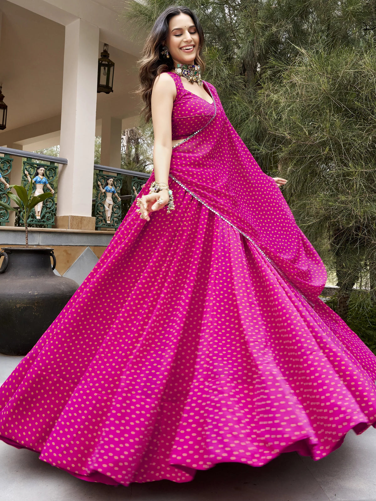 Rich Rani Pink Bandhej Printed Navratri Wear Lehenga Choli With Dupatta