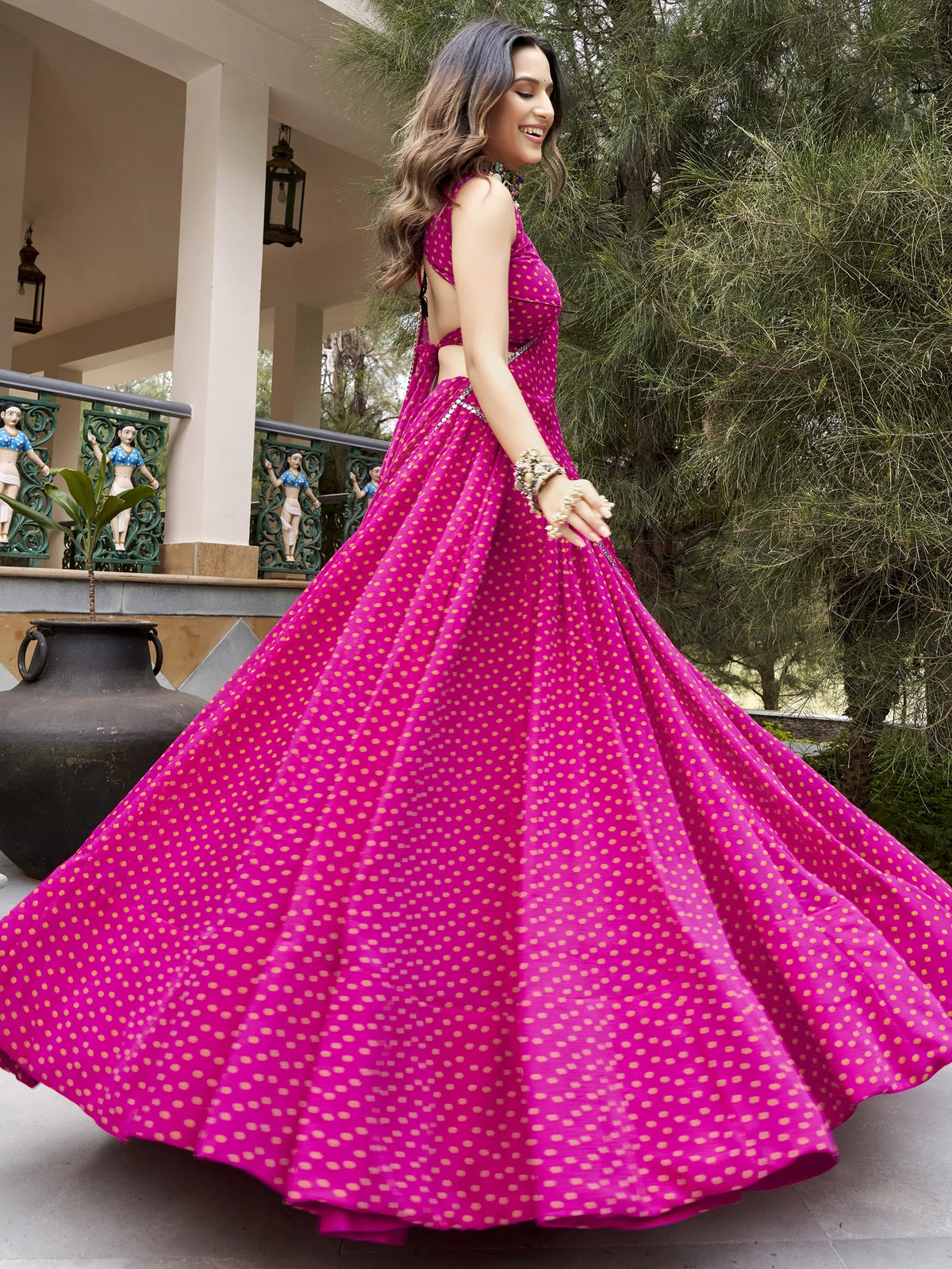Rich Rani Pink Bandhej Printed Navratri Wear Lehenga Choli With Dupatta