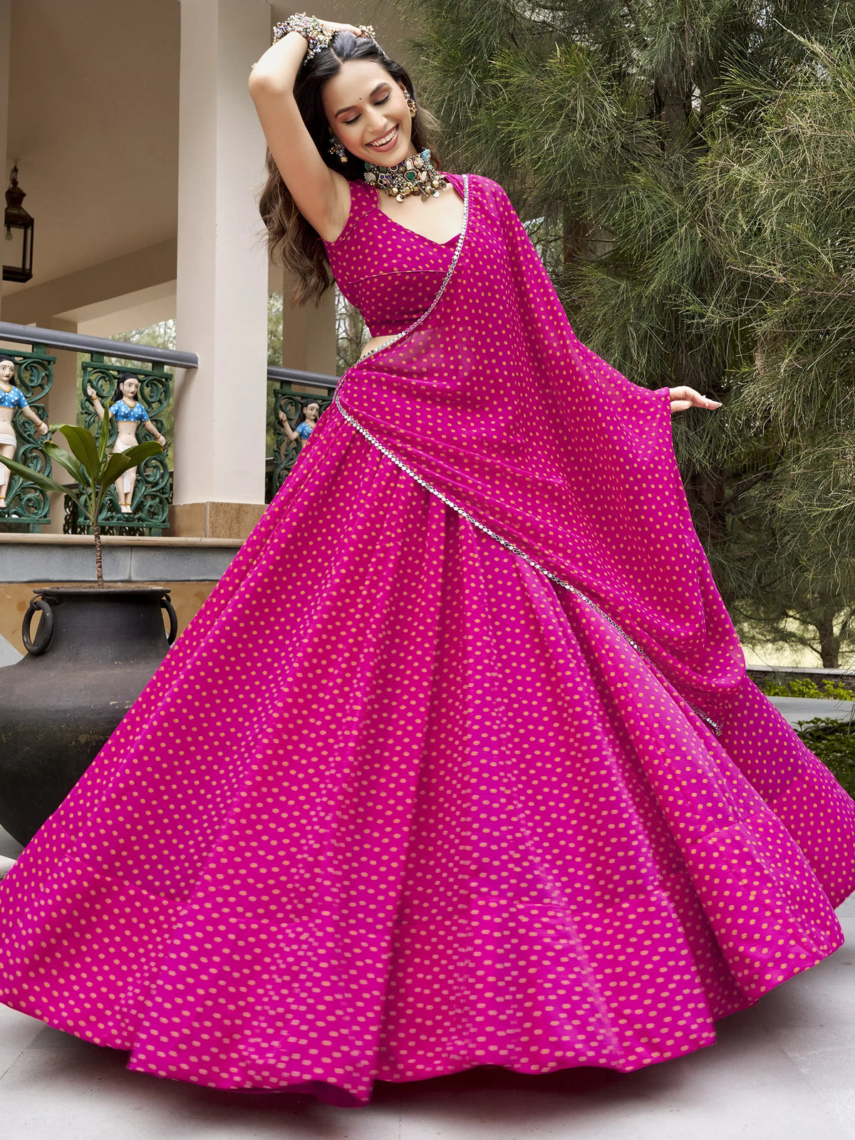 Rich Rani Pink Bandhej Printed Navratri Wear Lehenga Choli With Dupatta