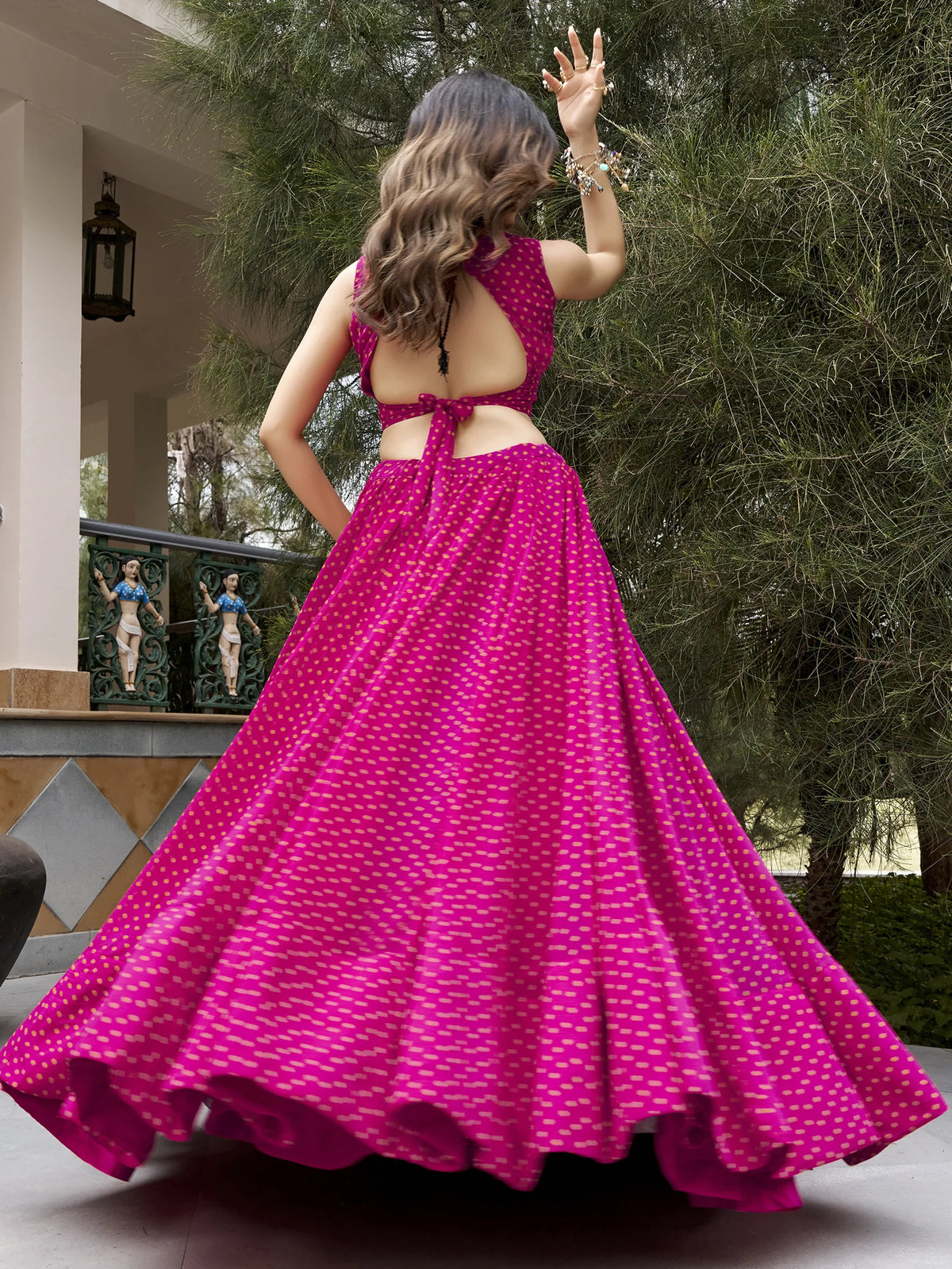 Rich Rani Pink Bandhej Printed Navratri Wear Lehenga Choli With Dupatta