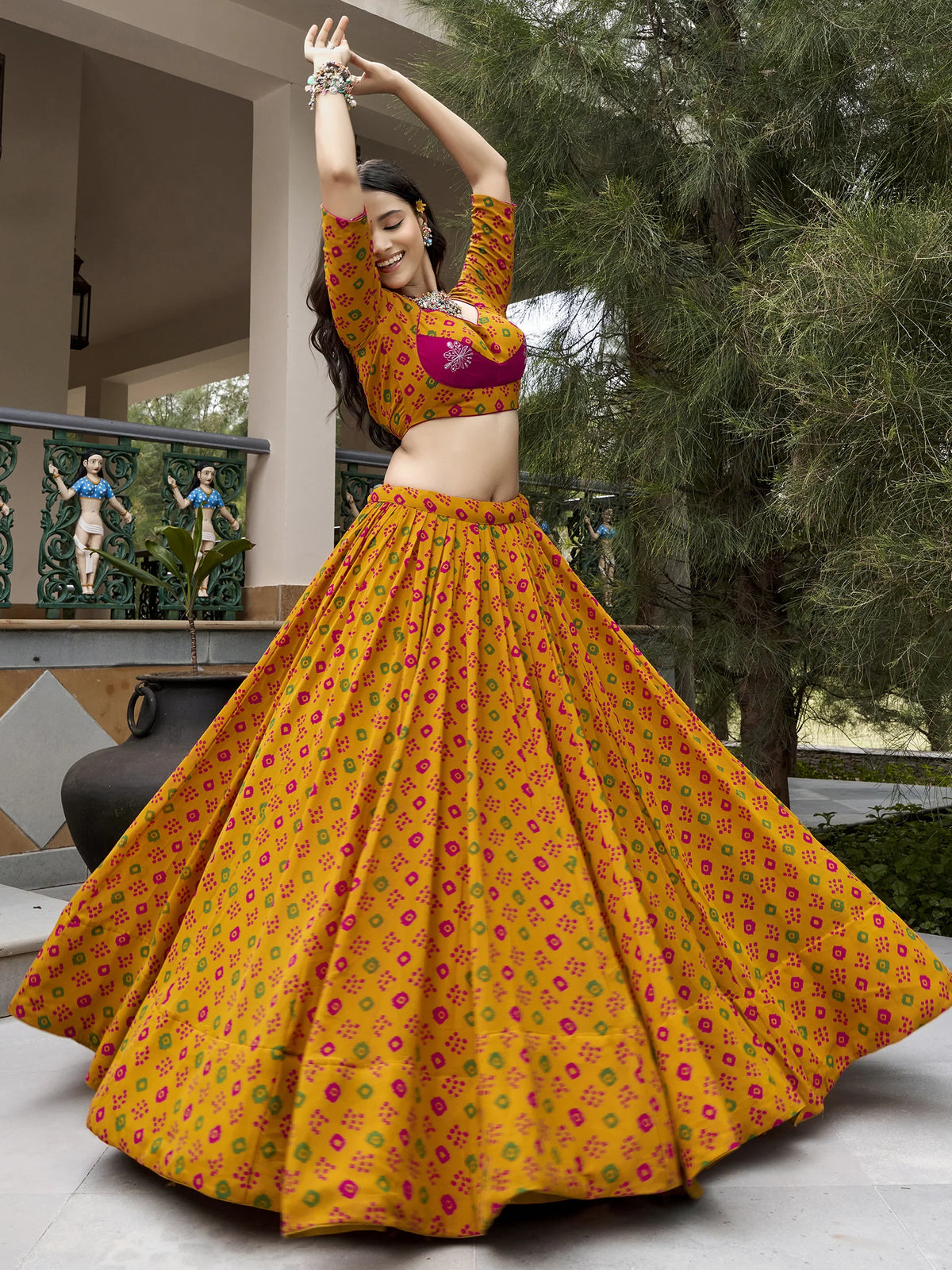 Chic Mustard Yellow Bandhej Printed Georgette Navratri Wear Lehenga Choli