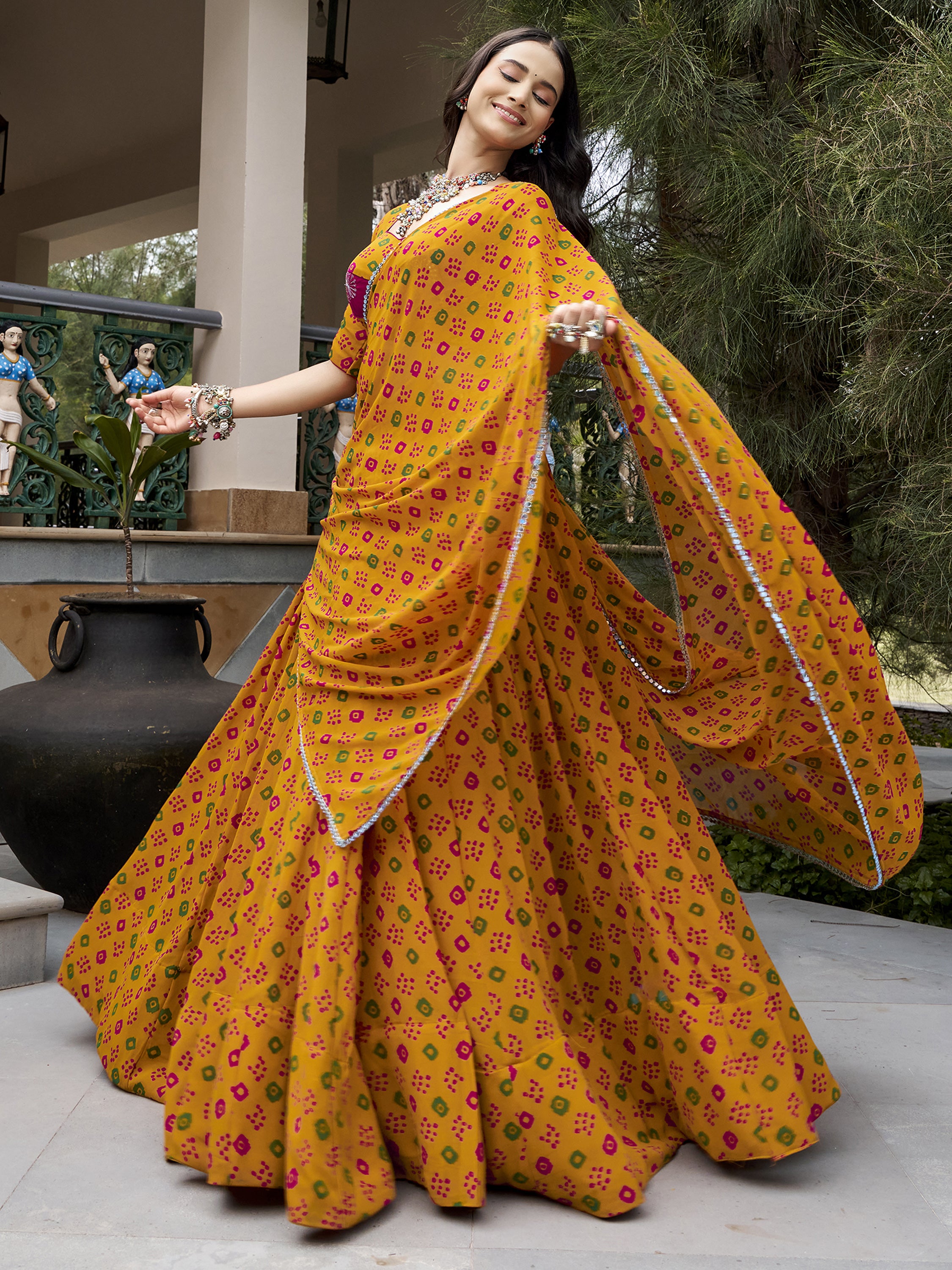 Chic Mustard Yellow Bandhej Printed Georgette Navratri Wear Lehenga Choli